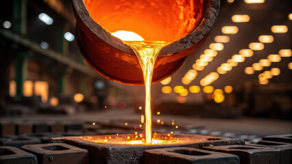 Molten metal pour foundry industrial sparks glowing heat furnace palladium flow with intense focus busy factory setting as workers shape future
