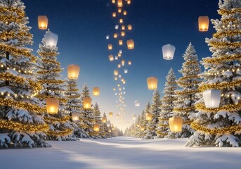 Obraz premium Magical Winter Landscape with Glowing Lanterns and Snow-Covered Pines Under Starry Sky