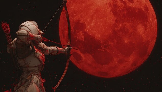 A warrior in armor aims a bow and arrow at a blood red moon