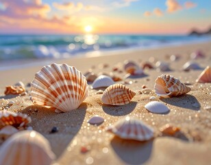Golden Hour Serenity: Seashells Scattered on a Tranquil Beach Landscape