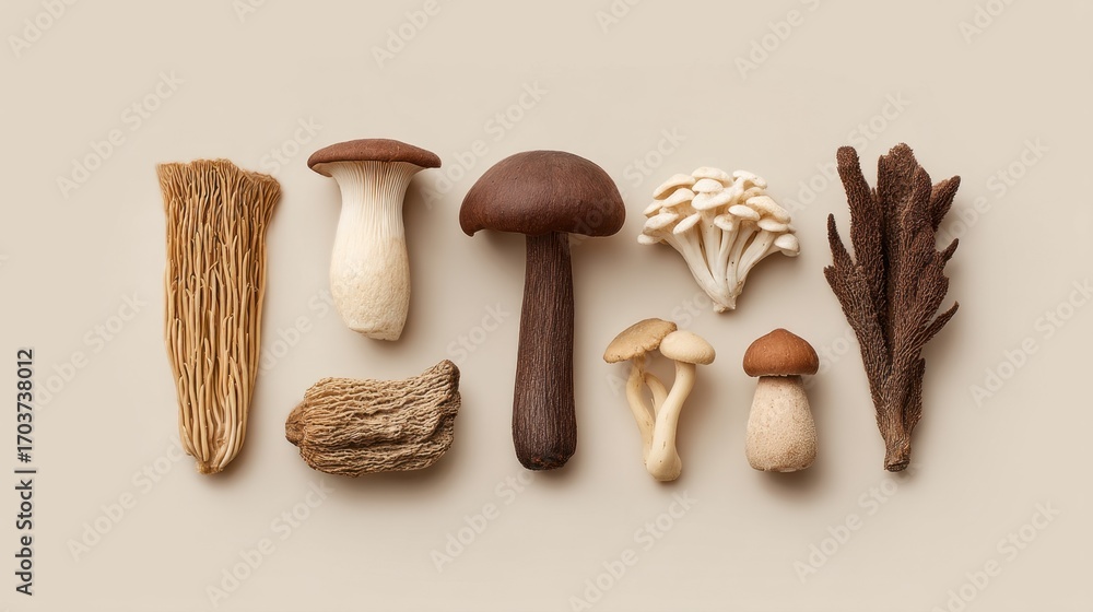 Aufkleber a collection of assorted mushrooms displayed on a neutral background highlighting various textures a