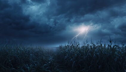 Stormy cornfield at night
