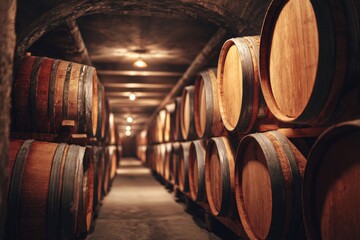 Aged wine barrels in a dark cellar