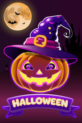 Bright neon Halloween illustration featuring glowing jack o lantern in witch hat, full moon with bats, and festive spooky background.