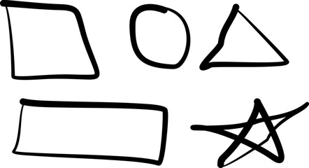 Black and white hand-drawn shapes including a diamond, circle, triangle, rectangle, and star.