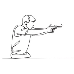 Single continuous line Art drawing of young athlete man shooter holding gun and training to aim target tactical shooting. with white background