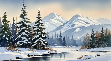 Serene winter mountain landscape with snowy pine trees and a flowing river.