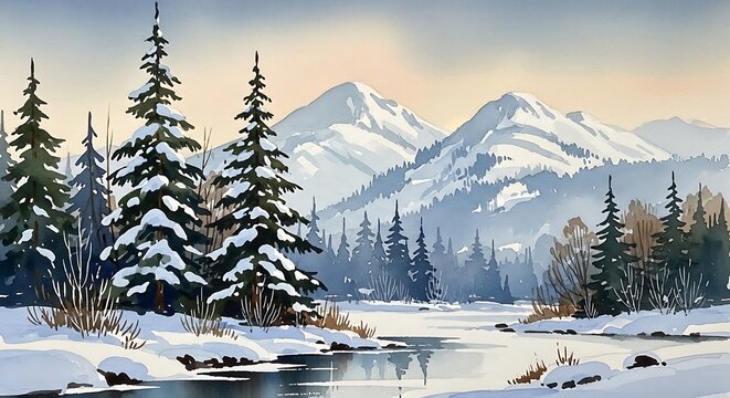 Serene winter mountain landscape with snowy pine trees and a flowing river.