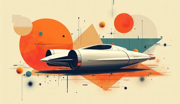 Futuristic racing vehicle in a vibrant abstract landscape with geometric shapes and colors