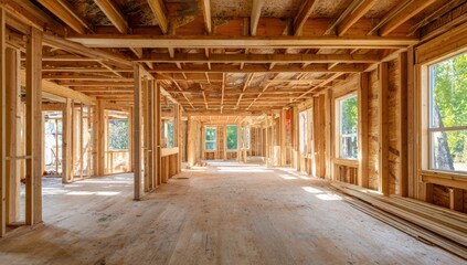 Interior of a house under construction.  Wooden framing