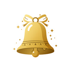 Golden Christmas Bell with Decorative Bow and Sparkling Stars on White Background