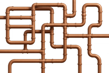 Copper piping network, intricate interconnected design, reflecting industrial infrastructure against clean transparent backdrop