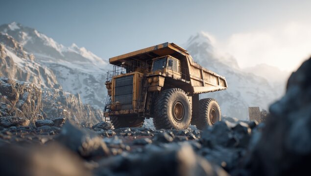 Heavy-duty dump truck in a mountainous quarry