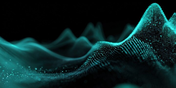 Abstract digital landscape with turquoise peaks and particles