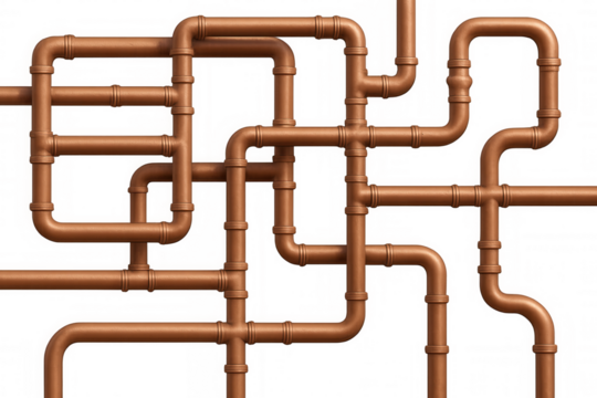 Copper piping network, intricate interconnected design, reflecting industrial infrastructure against clean transparent backdrop