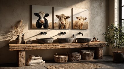 Rustic Bathroom Design with Cow Art, Double Sinks and Natural Light