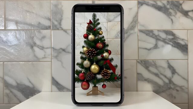 christmas holiday themed mobile phone screen mockup featuring decorated tree with pine cones and ornamental xmas balls positioned on white table against marble tile wall in clean, minimal, and simple