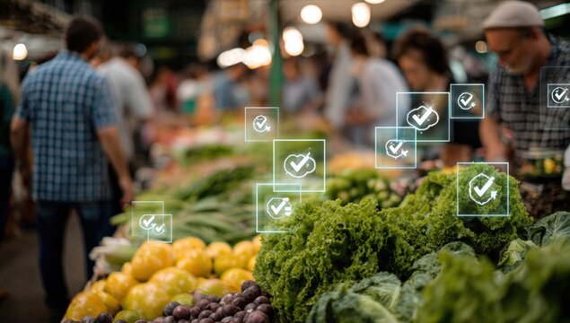 Blurred market scene with digital checkmarks overlaying produce