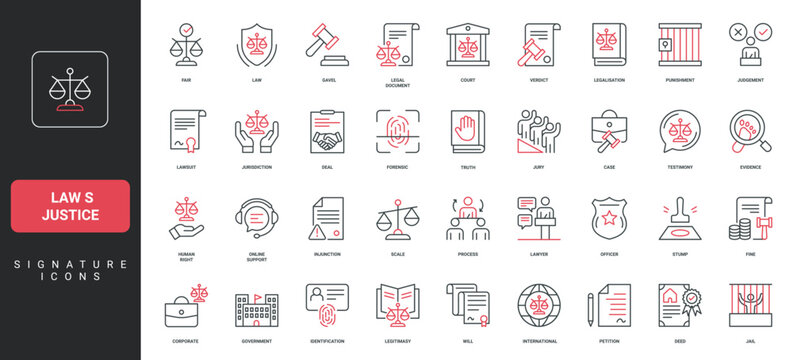 Law and justice, legal document and human rights, court, legislative process line icon set. Proof of crime, jury verdict and judge, fair judgment thin black and red outline symbols vector illustration