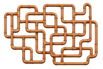 Intricate network of copper pipes forming a complex system, ideal for industrial, plumbing, or engineering concepts, with transparent background for easy integration