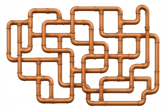 Intricate network of copper pipes forming a complex system, ideal for industrial, plumbing, or engineering concepts, with transparent background for easy integration