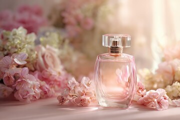 Delicate perfume bottle surrounded by flowers