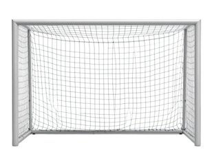 Soccer goal, empty, white background.  Metal frame, white net.  Empty playing field