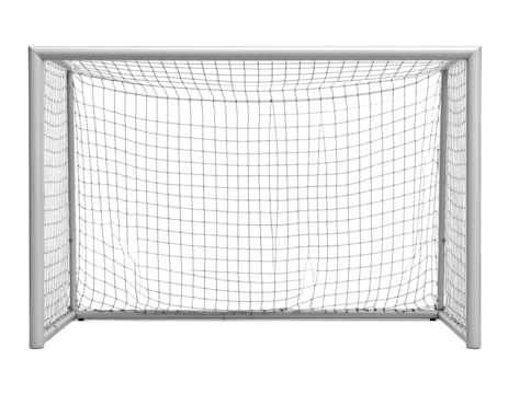 Soccer goal, empty, white background.  Metal frame, white net.  Empty playing field