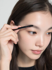 Fototapeta premium Close-up of beautiful japanese woman in her 20's shaping eyebrows with small brush