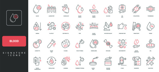 Blood test result in medical laboratory, hematology, cardiology line icon set. Plasma, leukocyte and erythrocyte, platelet, histopathology thin black and red outline symbols vector illustration © Icon Majesty