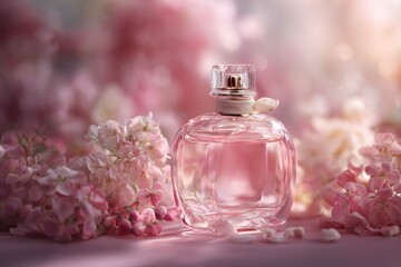 Delicate perfume bottle amongst spring blossoms