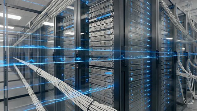 digital information traverses fiber optic pathways across network systems and data servers housed behind transparent enclosures in data center facilities high velocity data transmission lines