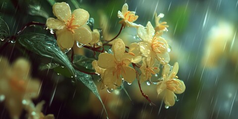 Pale yellow flowers in rain
