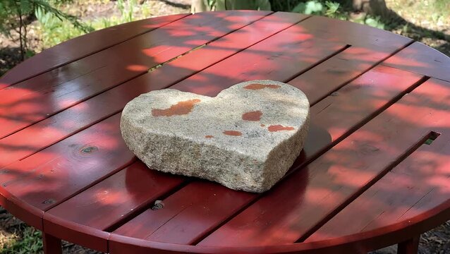 Inspirational Painted Stone Promoting Kindness Resting On Top Of Red Painted Outdoor Picnic Table