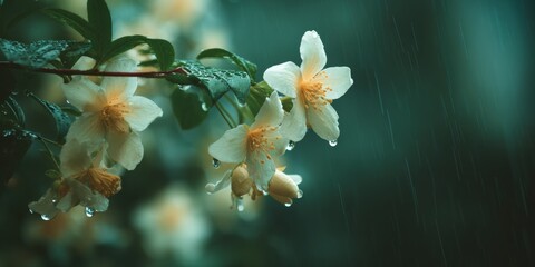 Delicate white flowers in the rain