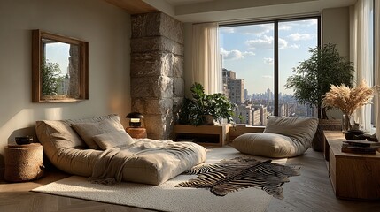 Cozy Modern Living Room with City View and Natural Elements