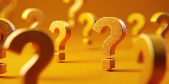 Golden question marks scattered across an orange background, some in focus and others blurred, creating a depth of field effect suggesting uncertainty or inquiry - Powered by Adobe