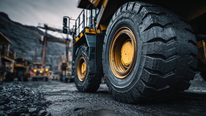 Close-up view of mining trucks on dark gray ground