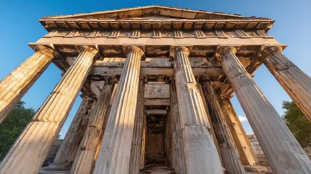 Ancient temple ruin with tall fluted columns and a triangular pediment.