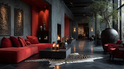 Elegant Modern Living Room with Red Accents and Zebra Rug