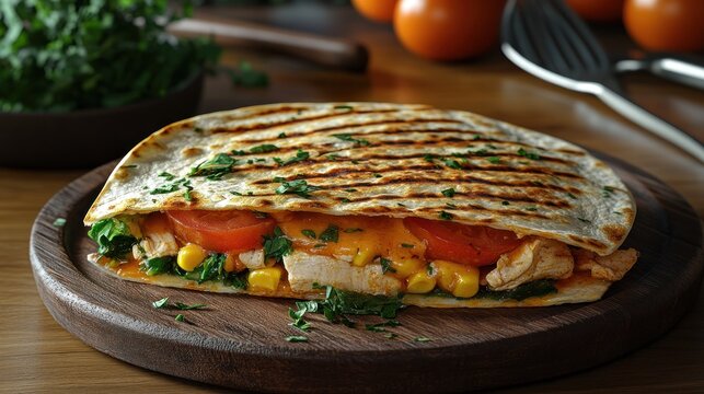 Grilled quesadilla with chicken, vegetables, and cheese