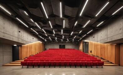 Modern auditorium interior with red seats