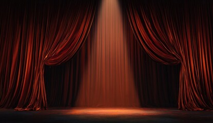 Red velvet stage curtains illuminated by spotlight