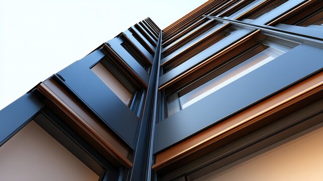 A dramatic upward view of a modern building facade showcases sleek lines and contrasting materials, ideal for architectural design projects, real estate marketing, or urban development discussions,
