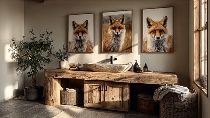 Cozy Bathroom Interior with Fox Art and Natural Elements