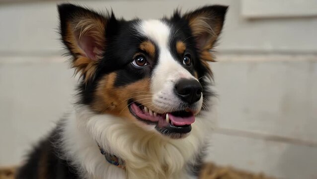 near vertical framed of youthful herding breed canine exhibiting its tongue