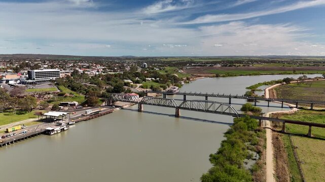 Murray Bridge City, South Australia: 4K Aerial Drone Footage of Murray River, Road Bridge, Railway Bridge, Low Density Houses with Solar Panels, Estates, Shops, Parks, Scenic River Landscape