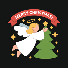 Cartoon Angel Decorating Christmas Tree with Merry Christmas Ribbon star