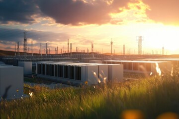 Fototapeta premium Sunset view of a technology facility surrounded by antennas and hills in serene landscape
