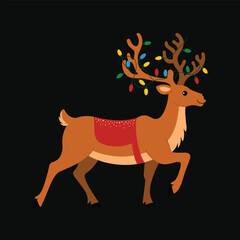 Cartoon reindeer with Christmas lights on antlers and red saddle on black Keywords: reindeer, cartoon
